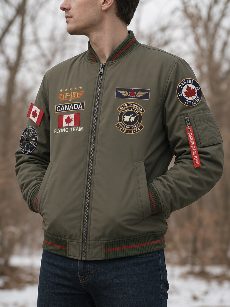 Olive green bomber jacket with embroidered Canada Flying Team patches and red-striped ribbed collar and cuffs
