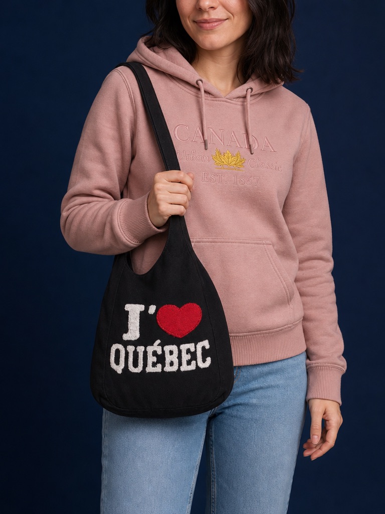 Woman in a dusty pink hoodie with an embroidered Canada crest and a gold maple leaf